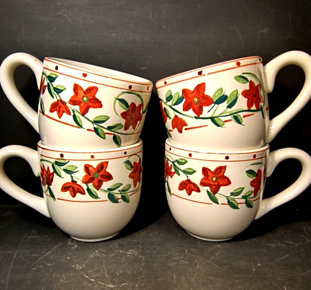 1939.  Set of 4 Vintage Gibson Everyday Ceramic Mugs Hand Painted Poinsettias